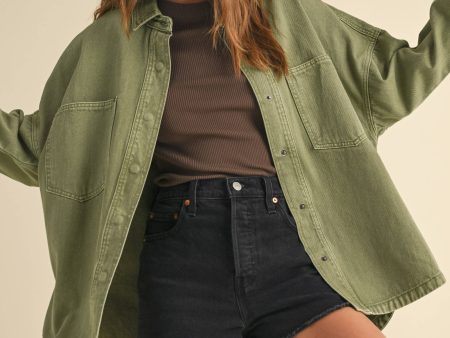 Olive Denim Washed  Shacket  Cheap