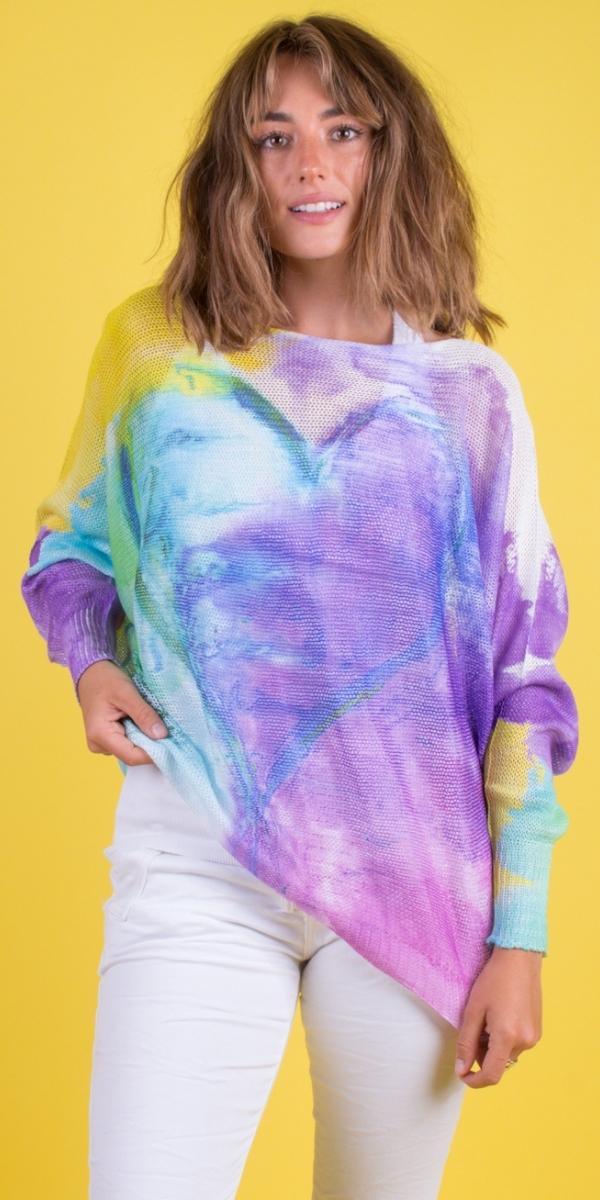 Emy Batwing Sweater with Watercolor Heart Design Online now