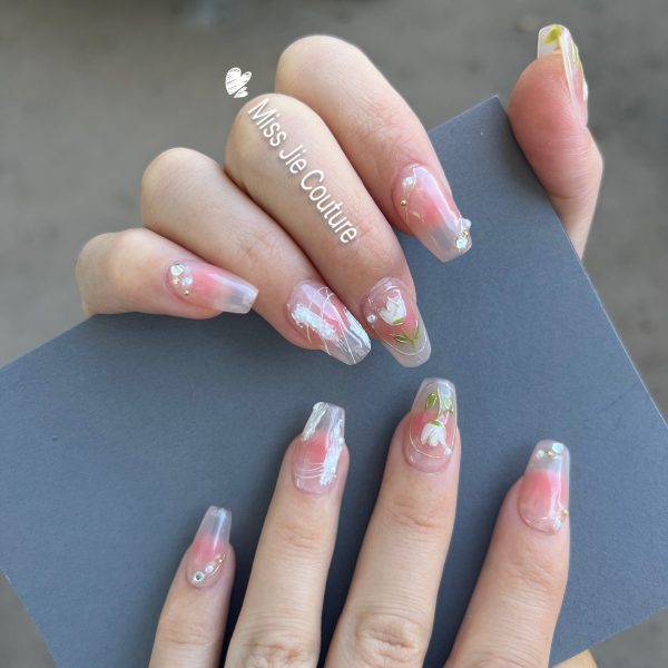 Hand Painted Tulip Pink Gel Press on Nail Online now