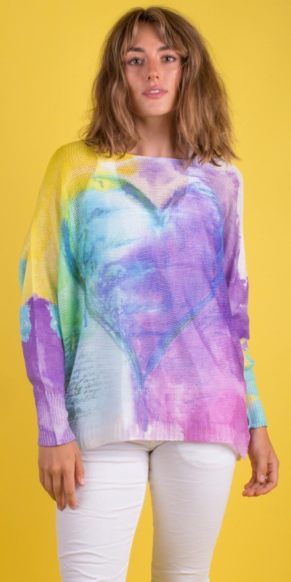 Emy Batwing Sweater with Watercolor Heart Design Online now