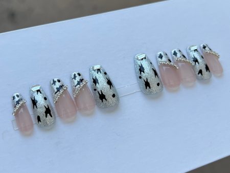 10 pcs luxury coffin painted leopard print press on nail with flash diamond crystal Rhinestones Supply