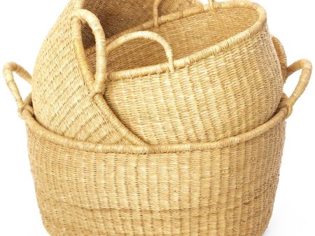 3 Natural Woven Grass Baskets - With Sturdy Handles Online