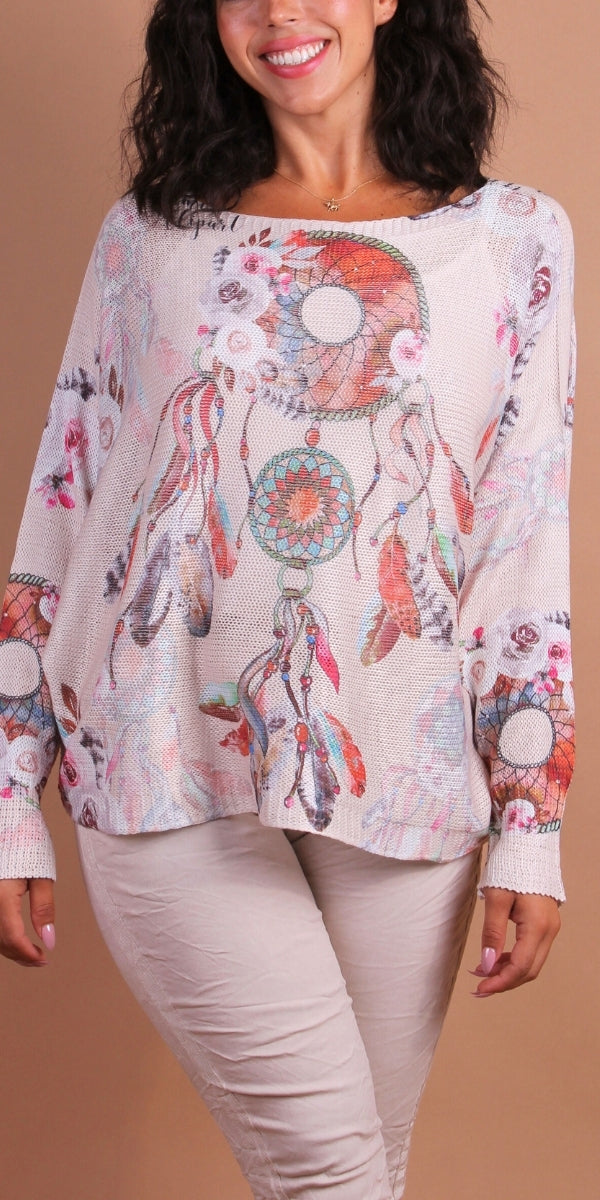 Daria Batwing Sweater with Dreamcatcher Print For Cheap