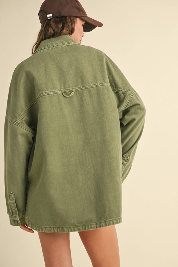 Olive Denim Washed  Shacket  Cheap