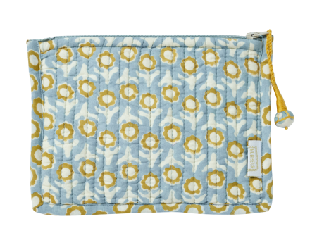 Quilted Indian Flower Printed Small Pouch Isha Blue For Sale