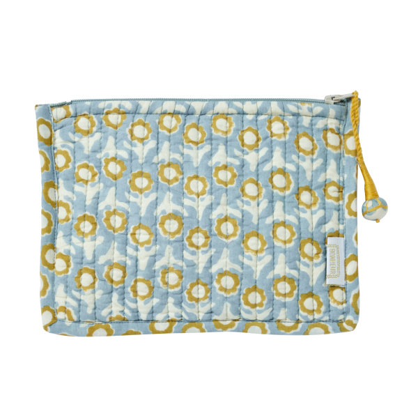 Quilted Indian Flower Printed Small Pouch Isha Blue For Sale