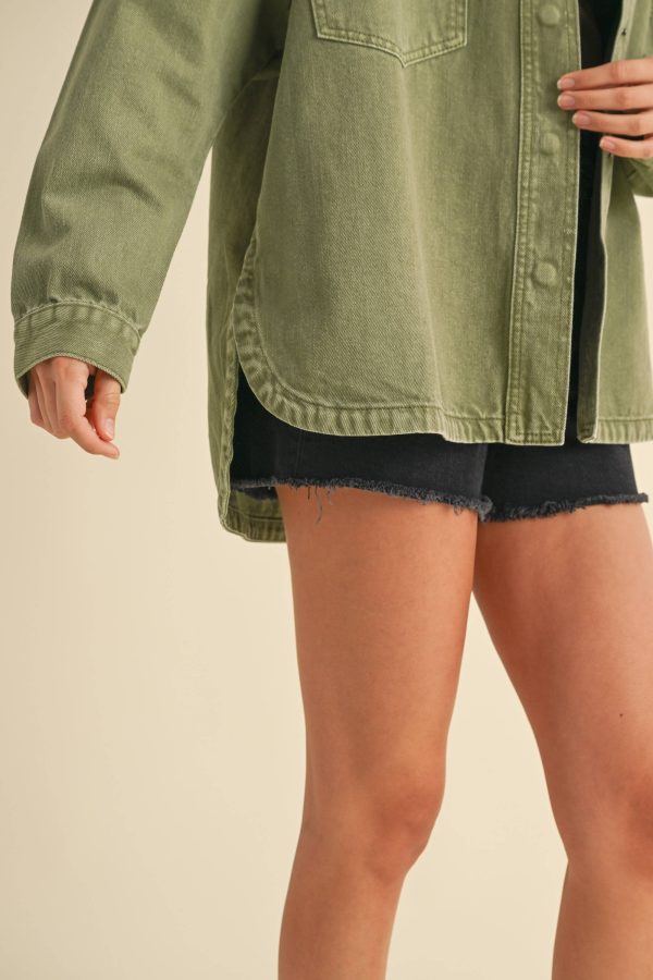 Olive Denim Washed  Shacket  Cheap